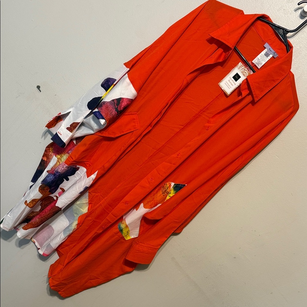 Vibrant Orange Button-Up Shirt with Colorful Accents